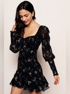 NWT For Love & Lemons Dixon Floral Smocked Mini Dress M Black Puff Sleeve Ruffle
